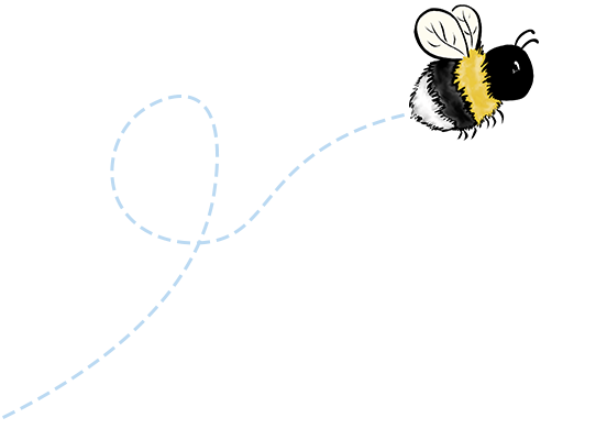 Cartoon bee with a dashed blue line on a white background