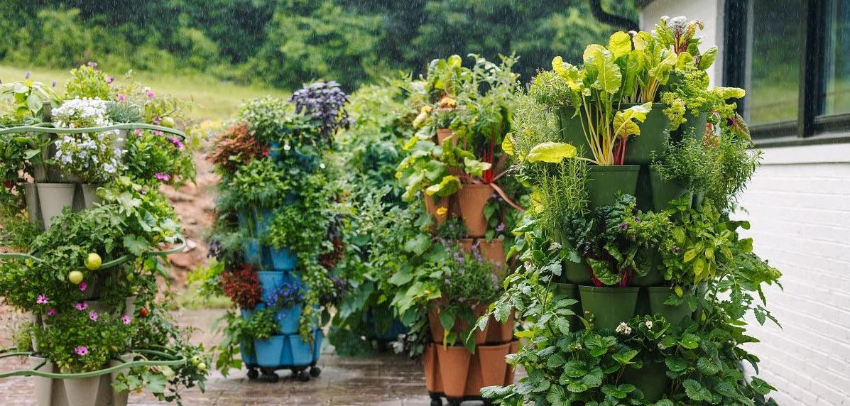 GreenStalk Vertical Planters in a storm
