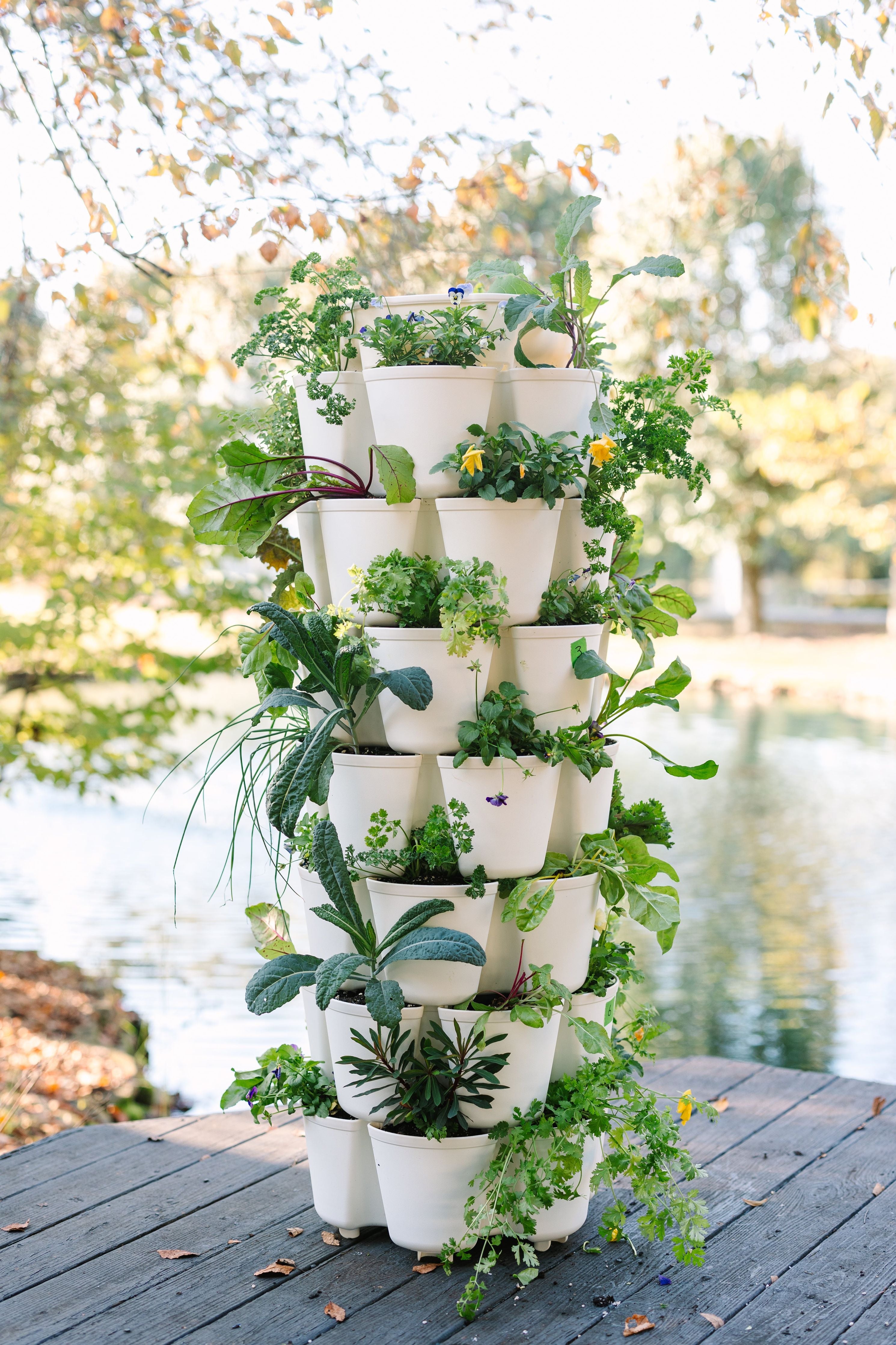 A white Greenstalk vertical planter filled with plants sitting on a dock with a pond behind